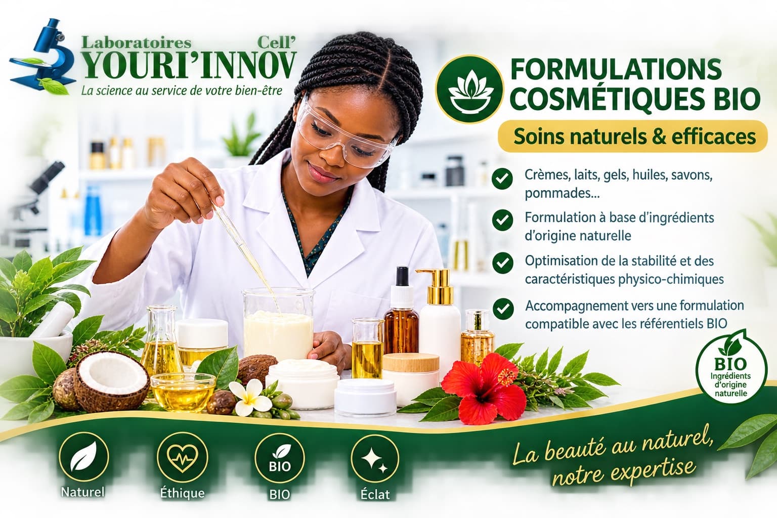 Formulations cosmétiques bio aux Laboratoires Youri'Innov Cell' : crèmes, laits, gels, huiles, savons et pommades à base d'ingrédients d'origine naturelle
